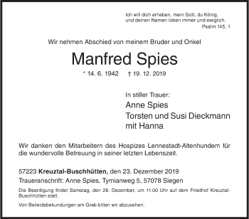 Traueranzeige von Manfred Spies von Siegener Zeitung
