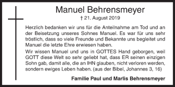 Traueranzeige von Manuel Behrensmeyer von Siegener Zeitung