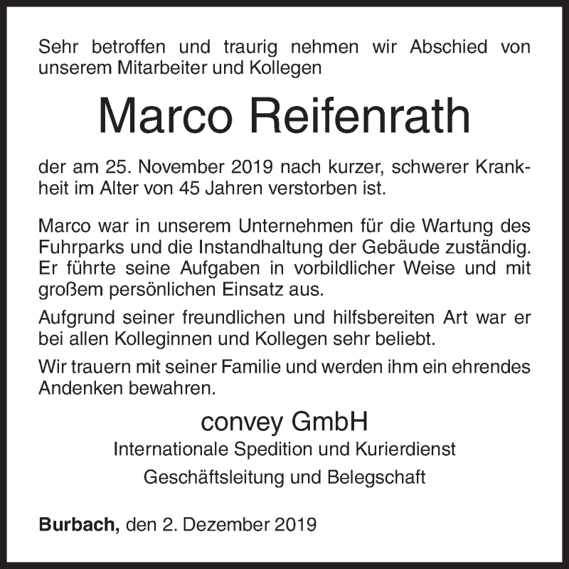  Traueranzeige für Marco Reifenrath vom 02.12.2019 aus Siegener Zeitung