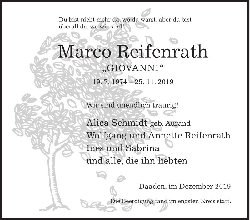  Traueranzeige für Marco Reifenrath vom 02.12.2019 aus Siegener Zeitung