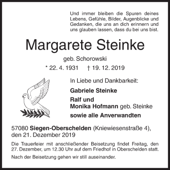 Traueranzeige von Margarete Steinke von Siegener Zeitung