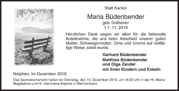 Traueranzeige von Maria Büdenbender von Siegener Zeitung