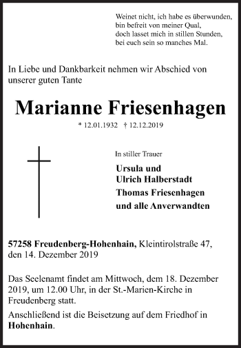 Traueranzeige von Marianne Friesenhagen von Siegener Zeitung