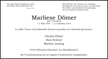 Traueranzeige von Marliese Dömer von Siegener Zeitung