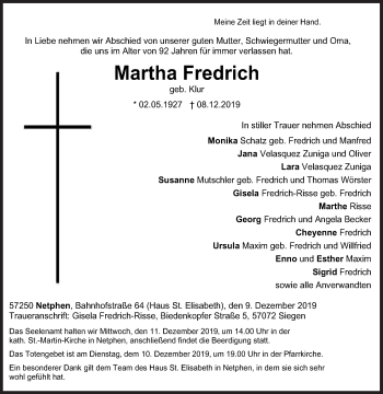 Traueranzeige von Martha Fredrich von Siegener Zeitung