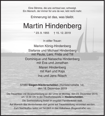 Traueranzeige von Martin Hindenberg von Siegener Zeitung