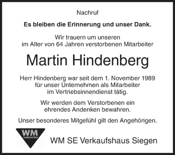 Traueranzeige von Martin Hindenberg von Siegener Zeitung