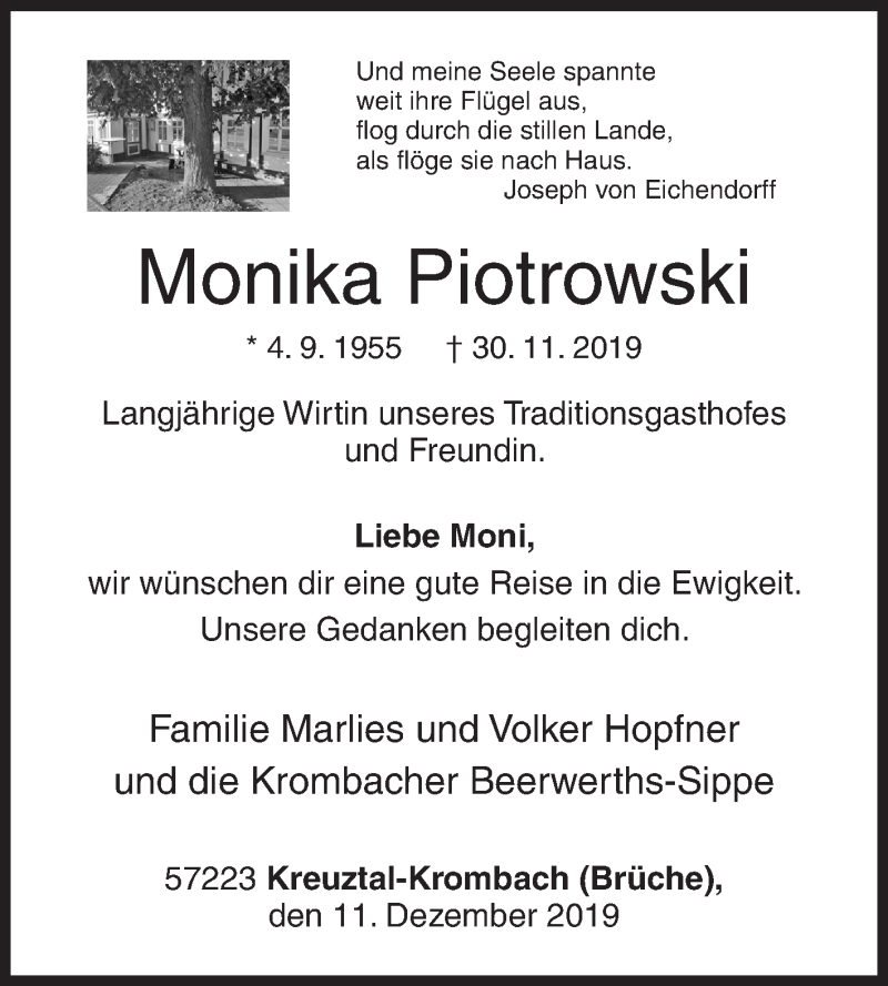  Traueranzeige für Monika Piotrowski vom 11.12.2019 aus Siegener Zeitung