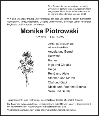 Traueranzeige von Monika Piotrowski von Siegener Zeitung