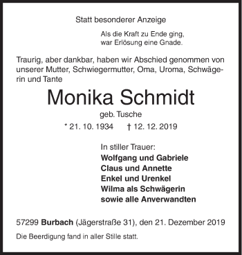 Traueranzeige von Monika Schmidt von Siegener Zeitung