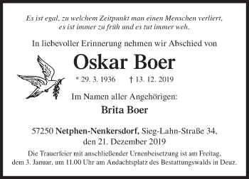 Traueranzeige von Oskar Boer von Siegener Zeitung