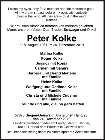 Traueranzeige von Peter Kolke von Siegener Zeitung