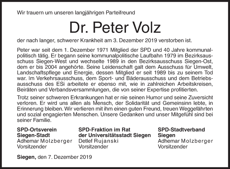  Traueranzeige für Peter Volz vom 07.12.2019 aus Siegener Zeitung