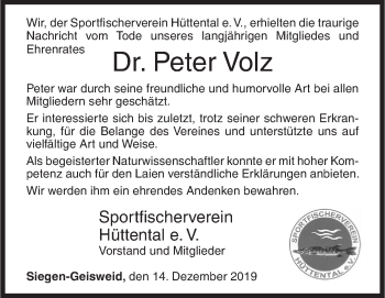 Traueranzeige von Peter Volz von Siegener Zeitung