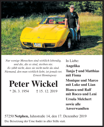 Traueranzeige von Peter Wickel von Siegener Zeitung
