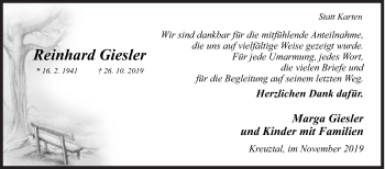 Traueranzeige von Reinhard Giesler von Siegener Zeitung