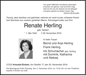 Traueranzeige von Renate Herling von Siegener Zeitung