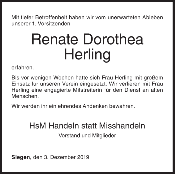 Traueranzeige von Renate Dorothea Herling von Siegener Zeitung