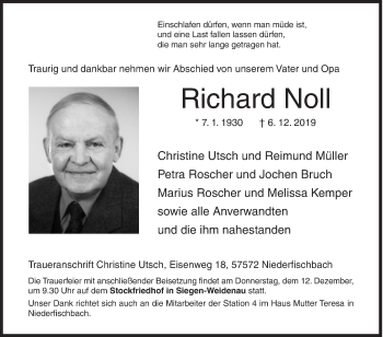 Traueranzeige von Richard Noll von Siegener Zeitung