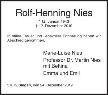 Traueranzeige von Rolf-Henning Nies von Siegener Zeitung