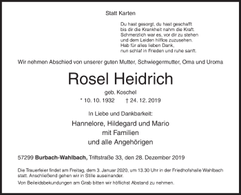 Traueranzeige von Rosel Heidrich von Siegener Zeitung