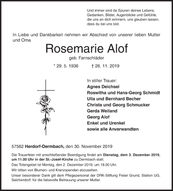 Traueranzeige von Rosemarie Alof von Siegener Zeitung
