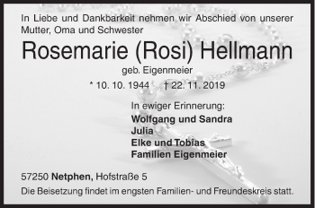 Traueranzeige von Rosemarie Hellmann von Siegener Zeitung