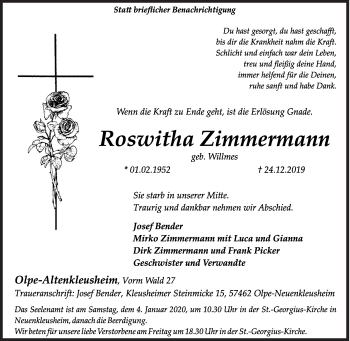 Traueranzeige von Roswitha Zimmermann von Siegener Zeitung
