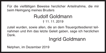 Traueranzeige von Rudolf Goldmann von Siegener Zeitung