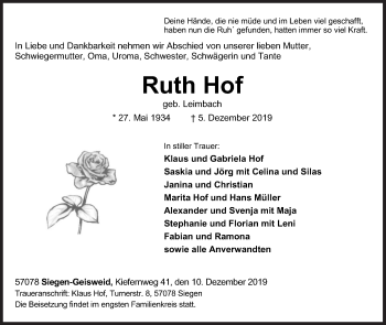 Traueranzeige von Ruth Hof von Siegener Zeitung