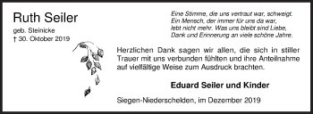 Traueranzeige von Ruth Seiler von Siegener Zeitung