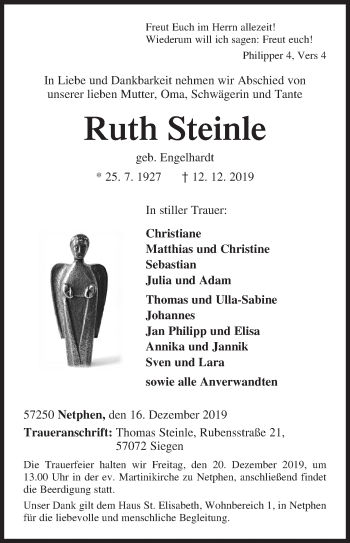 Traueranzeige von Ruth Steinle von Siegener Zeitung