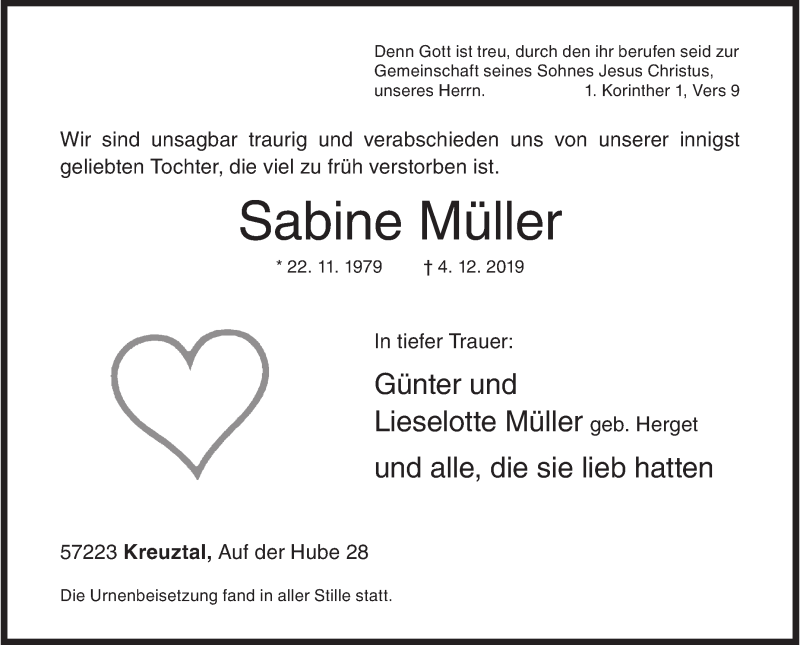  Traueranzeige für Sabine Müller vom 14.12.2019 aus Siegener Zeitung