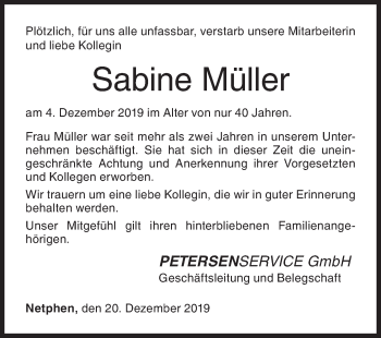Traueranzeige von Sabine Müller von Siegener Zeitung