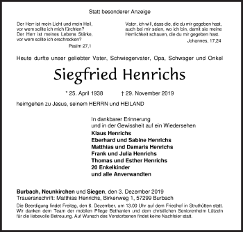 Traueranzeige von Siegfried Henrichs von Siegener Zeitung