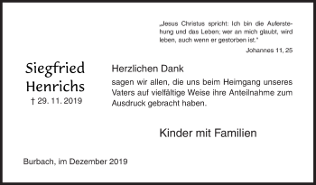 Traueranzeige von Siegfried Henrichs von Siegener Zeitung