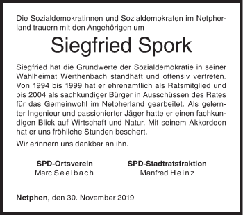 Traueranzeige von Siegfried Spork von Siegener Zeitung