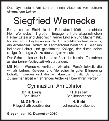 Traueranzeige von Siegfried Wernecke von Siegener Zeitung