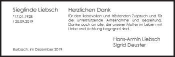 Traueranzeige von Sieglinde Liebsch von Siegener Zeitung