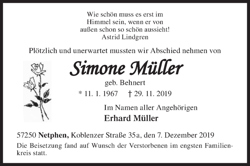  Traueranzeige für Simone Müller vom 07.12.2019 aus Siegener Zeitung