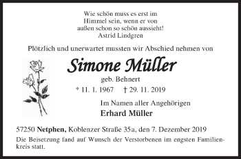 Traueranzeige von Simone Müller von Siegener Zeitung