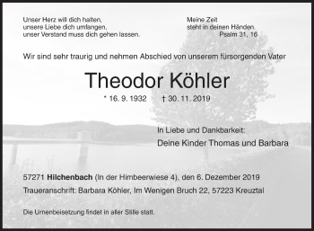 Traueranzeige von Theodor Köhler von Siegener Zeitung