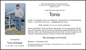Traueranzeige von Tonis Scheppe von Siegener Zeitung