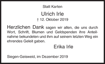 Traueranzeige von Ulrich Irle von Siegener Zeitung