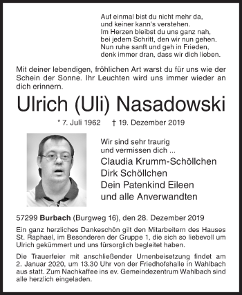 Traueranzeige von Ulrich Nasadowski von Siegener Zeitung