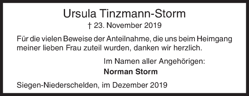  Traueranzeige für Ursula Tinzmann-Storm vom 14.12.2019 aus Siegener Zeitung