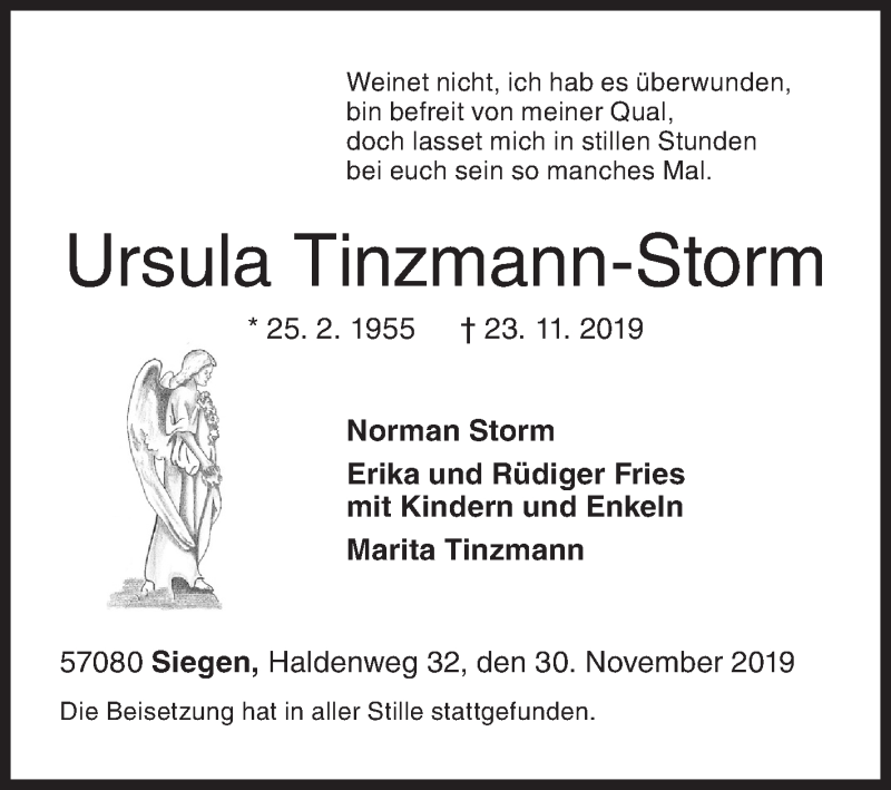  Traueranzeige für Ursula Tinzmann-Storm vom 30.11.2019 aus Siegener Zeitung