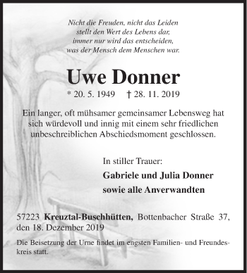 Traueranzeige von Uwe Donner von Siegener Zeitung