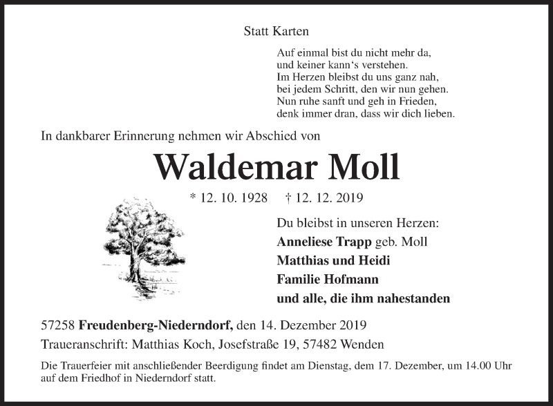  Traueranzeige für Waldemar Moll vom 14.12.2019 aus Siegener Zeitung