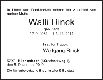 Traueranzeige von Walli Rinck von Siegener Zeitung